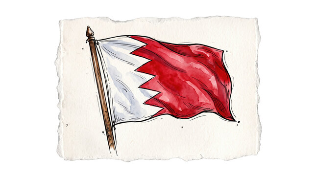 Watercolor painting of the red and white Bahraini flag with serrated five triangles line