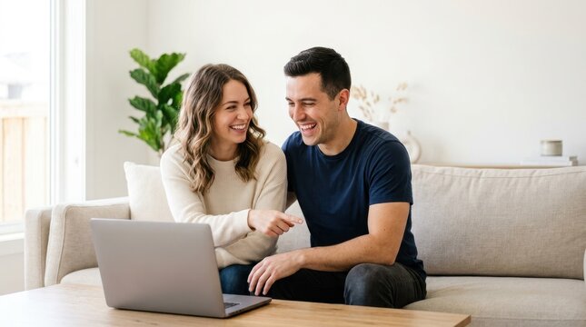 Happy couple shopping online using a laptop in a modern living room. Smiling man and woman looking at computer screen