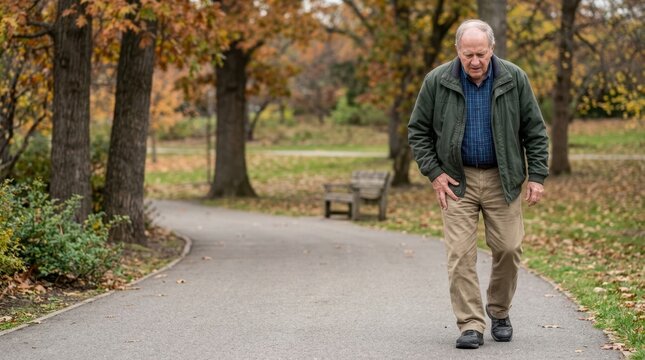 Elderly man with hip osteoarthritis walking in park. Senior man holding hip in pain