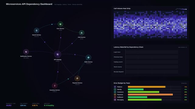 Explore a premium dark-mode microservices API dependency dashboard showcasing call mapping, latency, errors, and service ownership in a beautifully animated 4K design.
