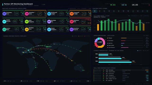 Explore a sophisticated partner API monitoring dashboard showcasing external integrations, availability, latency, and error metrics in a sleek dark mode design.