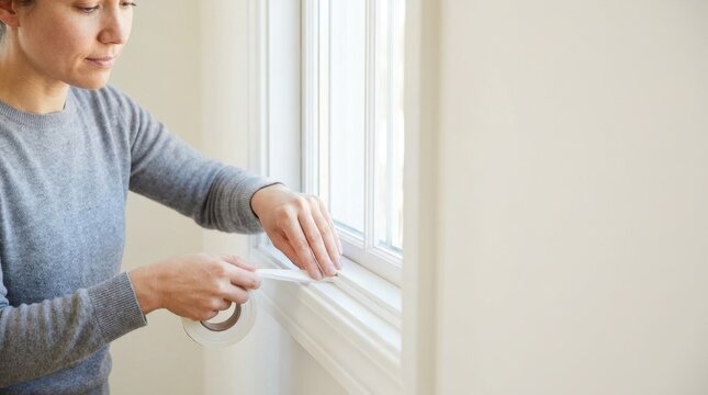Woman sealing window gaps with weatherstripping tape. Energy efficiency and home insulation concept