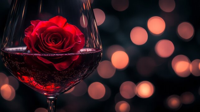 Red rose blooming inside large crystal wine glass with rich drink reflections and soft evening bokeh creating romantic luxury mood elegant celebration passion floral beauty and restaurant atmosphere