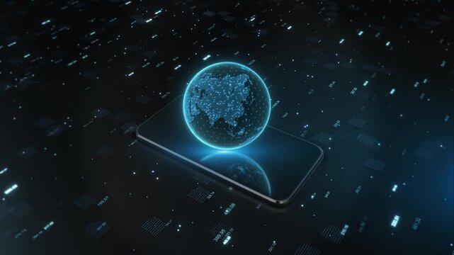 Holographic globe smartphone signifies global mobile communication internet connectivity. network nodes, landmasses, numeric data, and screen reflections telecommunications worldwide digital services.