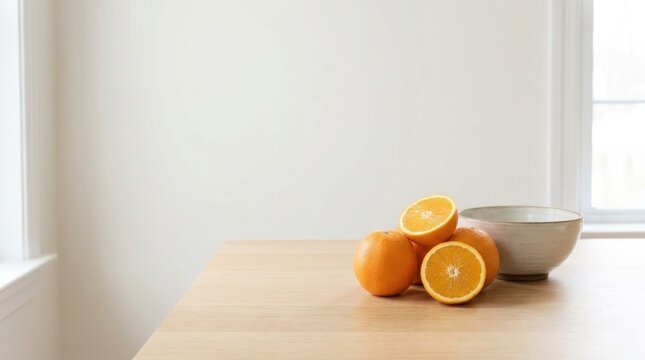 Fresh vitamin C oranges on a wooden table. Whole and sliced citrus fruit with ceramic bowl. Healthy food background