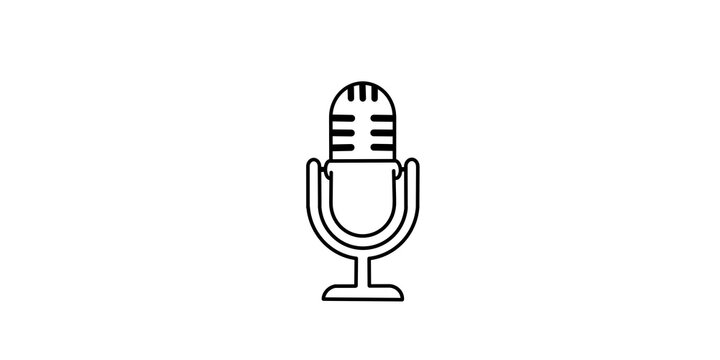 Retro condenser microphone line icon centered on checkered transparent background.