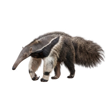 Giant anteater walking forward with its long snout and bushy tail isolated on a pure transparent background.