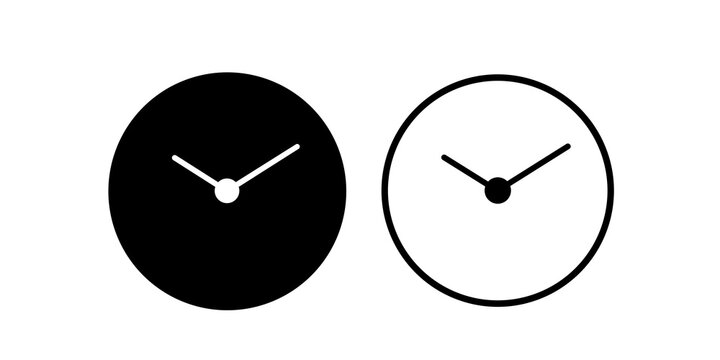Minimalist analog clock icons with solid face and thin circular line frame.