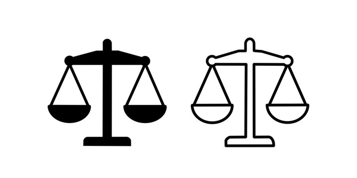 Justice balance scale black flat icon and line art for legal court concept.
