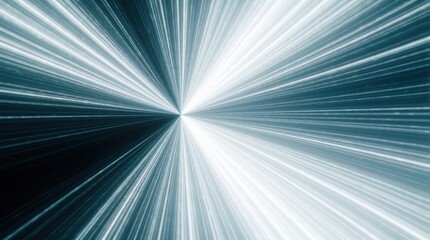 Fototapeta premium Abstract white light rays burst from central point in dark blue space. Dynamic motion lines create sense of speed, deep perspective. Glowing energy streaks form futuristic tunnel effect with bright