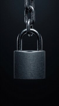 Metal padlock hangs on heavy steel chain against dark background. Strong silver lock provides safety, protection for storage property. Minimalist monochrome design shows secure closed lock with metal