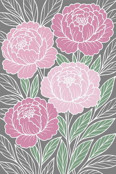Pink peonies floral pattern line art illustration