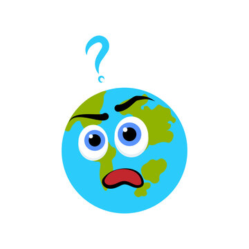 Confused earth cartoon character with question mark, shocked environment emoticon.