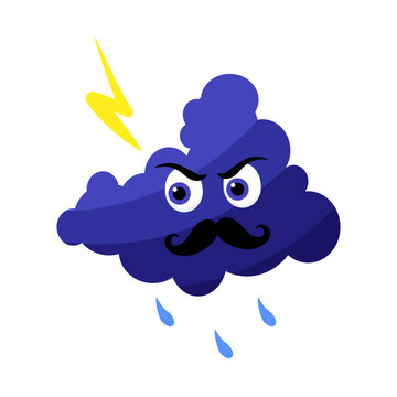 Angry cloud cartoon character, thunder emoticon.