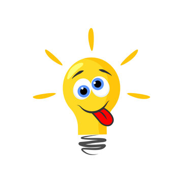Cute lightbulb lamp cartoon character with positive crazy emotion.