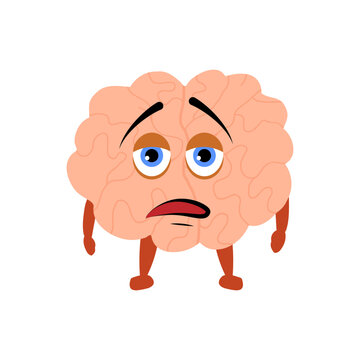 Exhausted brain cartoon character, body part mascot emoticon.