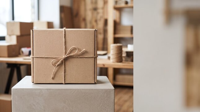 Cardboard box tied with twine sits on a plinth warehouse shelves filled with packages in background