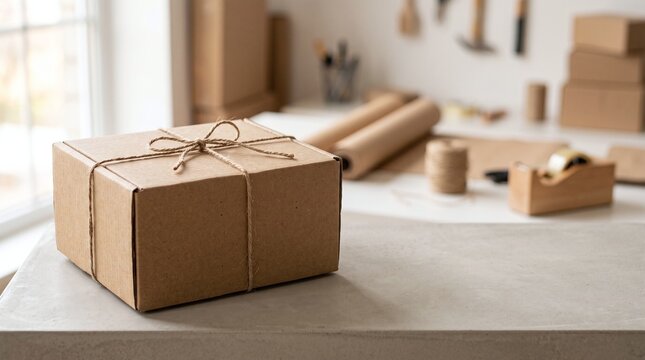 A cardboard shipping box tied with twine sits on a desk with packaging supplies