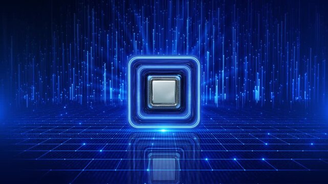 Silver processor nested blue frame semiconductor hardware digital computing. Cyan lighting, grid reflections data lights technical background for microelectronics, engineering processing explainers.