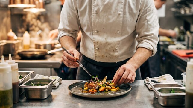 Professional chef carefully plating gourmet dish with tweezers in restaurant kitchen