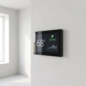 Modern digital smart home thermostat control panel mounted on a textured white interior wall featuring an eco mode interface displaying sixty eight degrees fahrenheit temperature settings and