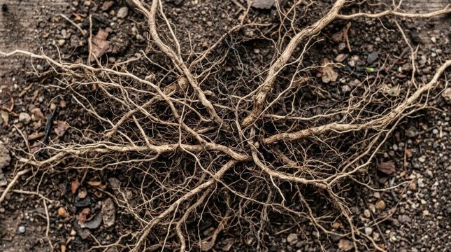 A close up view of plant roots spread out on frozen soil crack climate change ground showing intricate network textures details in nature and environmental themes