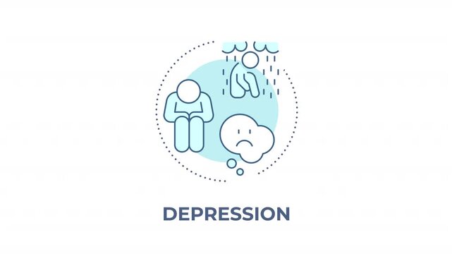 Depression animated monochrome cyan concept icon. Profound professional burnout. Clinical depression symptoms. Emotional trauma response. Minimalist blue line animation. Circular motion graphic