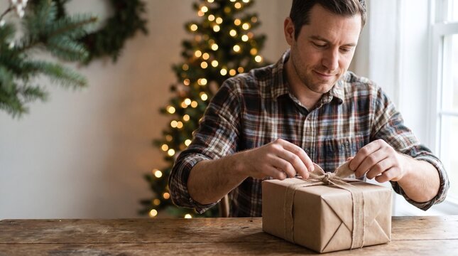 Man tying ribbon on gift box in front of a decorated Christmas tree 71 characters
