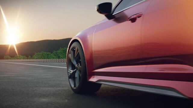 3D render, illustration animation of a gray station wagon driving along a highway in evening light, showing its side and rear with dark wheels and tinted windows.