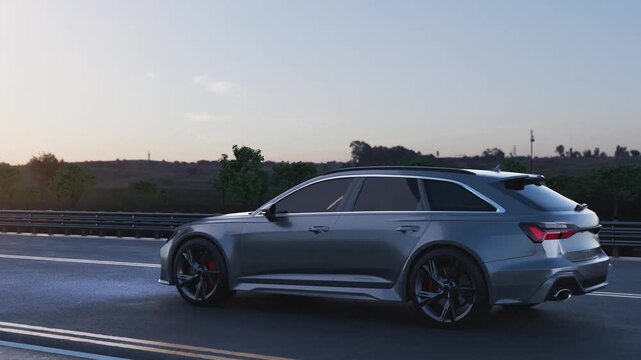 3D render, illustration animation of a red car wheel and side body moving along an asphalt highway in warm sunset light, with guardrails and trees in the background.