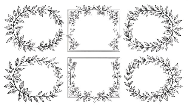 Hand-drawn collection of elegant botanical frames and exquisite floral wreaths. Versatile decorative borders for wedding invitations, greeting cards, logos, and graphic design projects