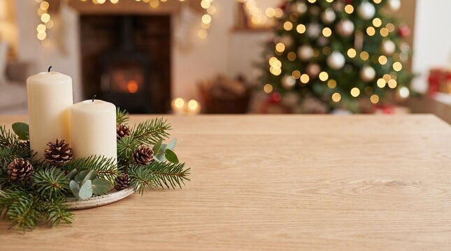 Two cream pillar candles on a festive pine and eucalyptus arrangement sit on a wooden table