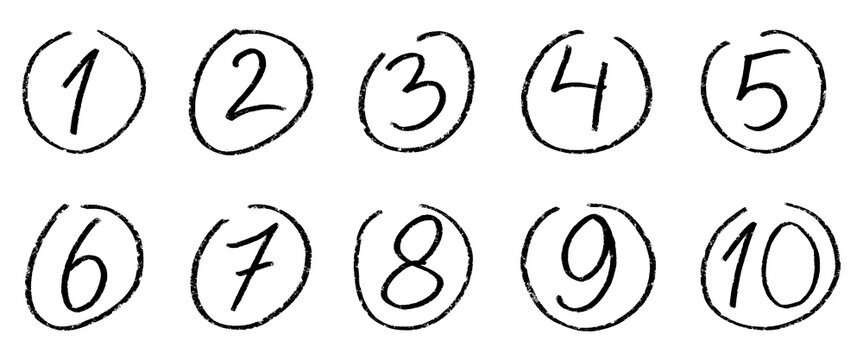 Hand drawn numbers one to ten inside circular outlines, creating a simple numbered symbol set for lists, worksheets, educational materials, and graphic design.