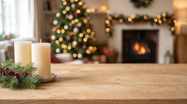 Two white pillar candles and pine sprigs on a wooden table with a blurred Christmas tree and fireplace background