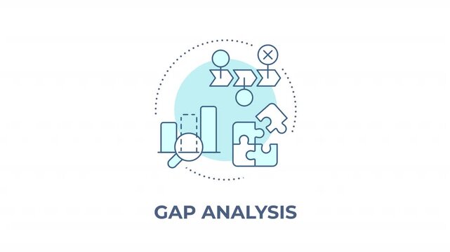 Gap analysis animated monochrome cyan concept icon. Analyzing modern workflow inefficiencies. Core growth opportunities. Industry benchmarks. Minimalist blue line animation. Circular motion graphic