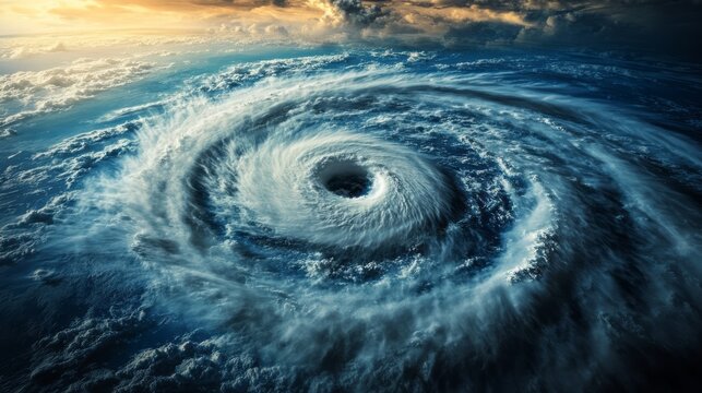 Aerial satellite view of massive hurricane vortex swirling over dark ocean with dramatic spiral clouds powerful storm eye extreme weather climate danger natural disaster atmospheric turbulence scene