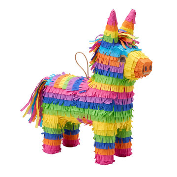 Pinata shaped like a colorful donkey stands isolated on a plain transparent backdrop ready for a festive party celebration.