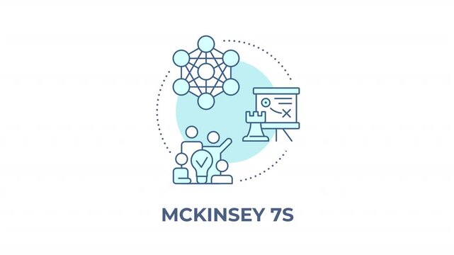 Mckinsey 7s animated monochrome cyan concept icon. Corporate culture change management. Strategic execution. Team performance drivers. Minimalist blue line animation. Circular motion graphic