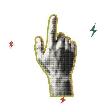 Vintage halftone style hand pointing upwards with colorful lightning bolt symbols