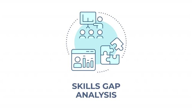 Skills gap analytics animated monochrome cyan concept icon. Talent optimization strategy. Human resource planning. Workplace performance. Minimalist blue line animation. Circular motion graphic