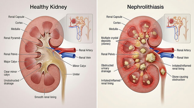 Human kidney anatomy comparison healthy kidney versus nephrolithiasis two panel medical illustration showing crystal deposits and obstructed drainage