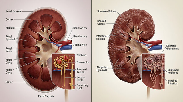 Human kidney anatomy comparison healthy kidney versus chronic kidney disease two panel medical illustration showing scarred cortex and destroyed nephrons