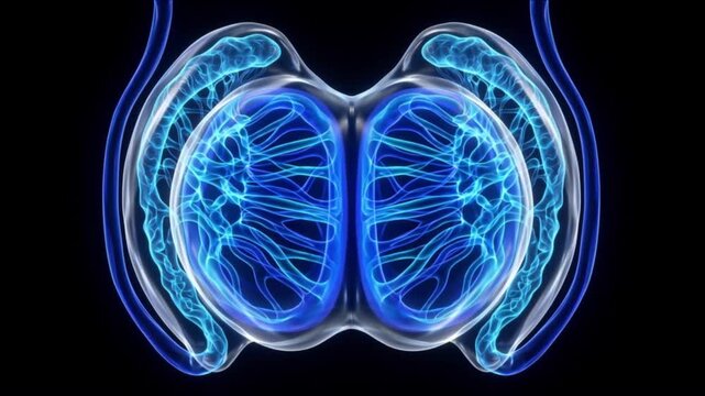 精巣と副睾丸および白膜の生体微細構造が暗視野で発光する医療CG動画
