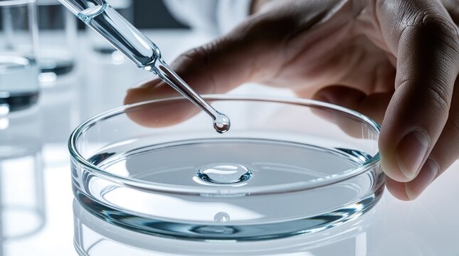 Scientist hand uses glass pipette to drop liquid into petri dish. Close up of medical research lab experiment. Chemist performs biotech analysis with chemical sample in modern science laboratory.