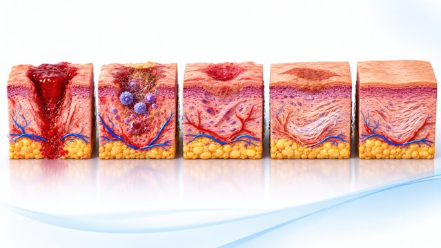 Dermal tissue regeneration layers illustrated in five sequence blocks showing gradual wound healing process.