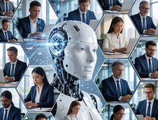 Fototapeta premium Humanoid robot face surrounded by collage of diverse business people working on laptops in office. Corporate professionals use tech for global communication, finance, teamwork. Artificial