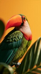 Fototapeta premium Colorful toucan portrait with red beak against yellow background