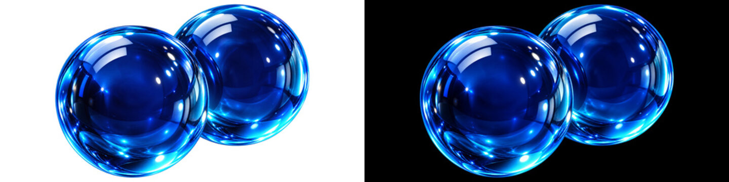 Deep blue orbs crystal bubbles on transparent background. Pair of sapphire crystalline spheres reflecting caustic highlights. Luxury modern digital art product showcase creates visual.