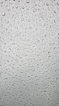 Dense raindrops on a window glass pane against an overcast gray sky, natural water drops pattern