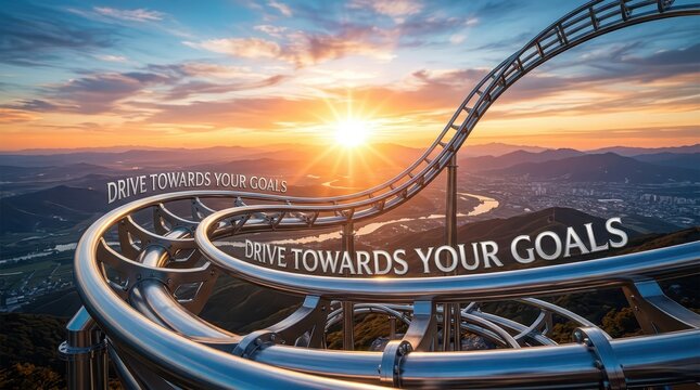 Roller coaster track curving towards a bright sun over a city and mountains at sunset